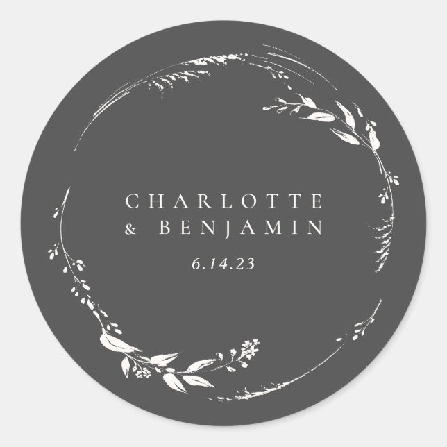 Sticker Rond Couronne florale monogramme en noir et blanc (Devant)
