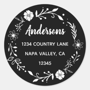 Sticker Rond Couronne florale noire et blanche Adresse de retou