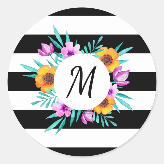 Sticker Rond Couronne florale romantique Monogramme personnalis (Devant)