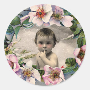 STICKER ROND COURONNE FLORALE, ROSE BABY SHOWER SAUVAGE MODÈLE