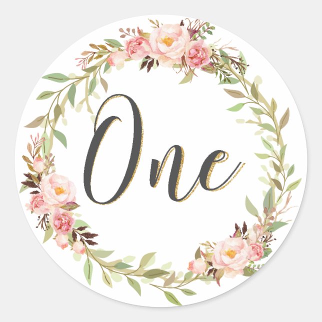 Sticker Rond Couronne florale rose Chic Fille 1er Anniversaire (Devant)
