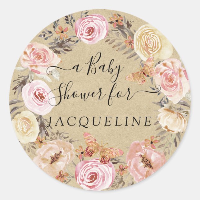 Sticker Rond Couronne florale rose Kraft rustique avec papillon (Devant)