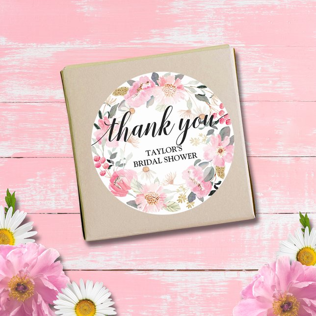 Sticker Rond Couronne florale rose Merci (Watercolor pink flowers bridal shower thank you round 3" stickers (small size available))