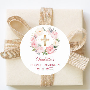 Sticker Rond Couronne florale rose Première Communion