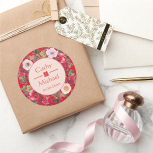 Sticker Rond Couronne florale rouge mariage chinois moderne