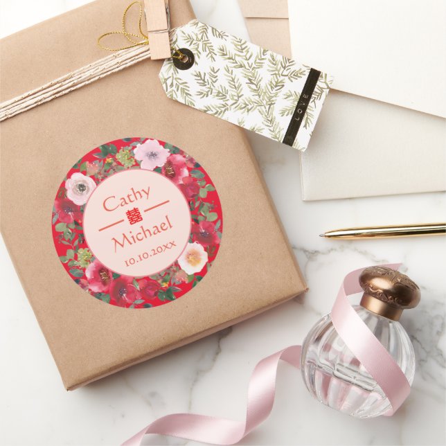 Sticker Rond Couronne florale rouge mariage chinois moderne (Cadeaux)