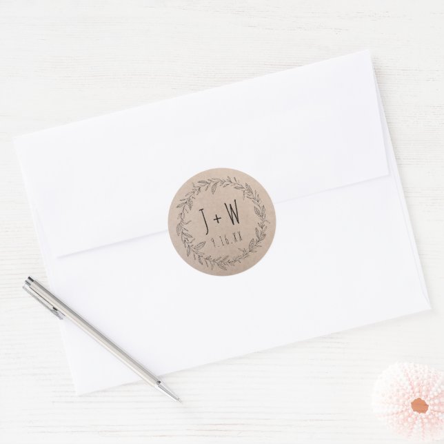 Sticker Rond Couronne florale rustique papier kraft monogramme  (Enveloppe)