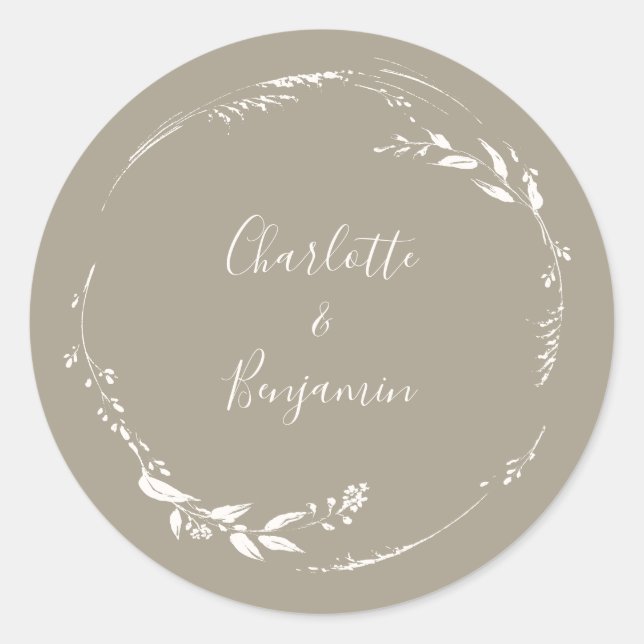 Sticker Rond Couronne florale Taupe Boho Calligraphie Personnal (Devant)
