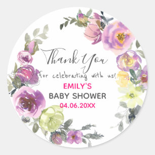 Sticker Rond Couronne florale violette Merci Baby Shower