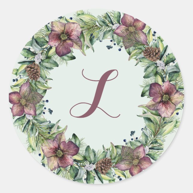 Sticker Rond Couronne florale violette - Monogramme (Devant)