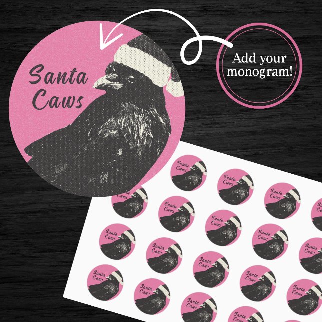 Sticker Rond Couronne gothique Joyeux Crowmas Rose et Noir Vaca (Unique, memorable Christmas card seals with a crow wearing a Santa Hat. Customize with your initials)