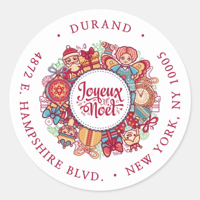 Sticker Rond Couronne Joyeux Noel Adresse de Retour (Devant)