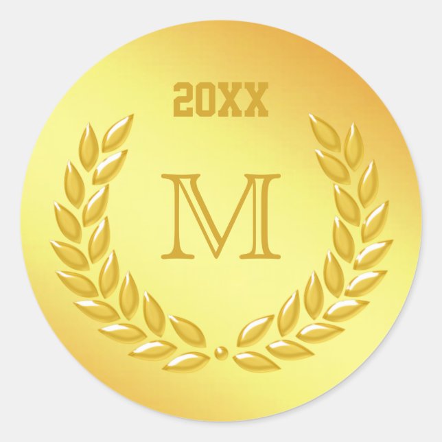 Sticker Rond Couronne Monogramme Gold Laurel personnalisée (Devant)