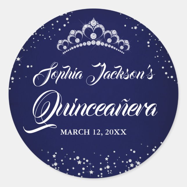 Sticker Rond Couronne Navy Silver Diamond Sparkle Quinceanera (Devant)