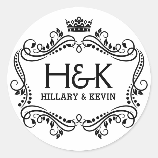 Sticker Rond Couronne noire et blanche et cadre floral (Devant)