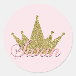 Sticker Rond Couronne Pailletée Or Princesse au Cygne Fête d'An