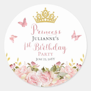 Sticker Rond Couronne   Papillons Floral Princess 1er anniversa