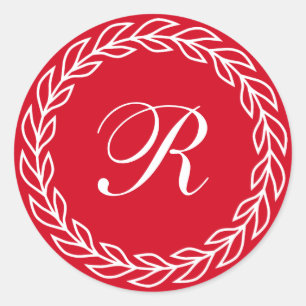 Sticker Rond Couronne Red Laurel avec monogramme personnalisé