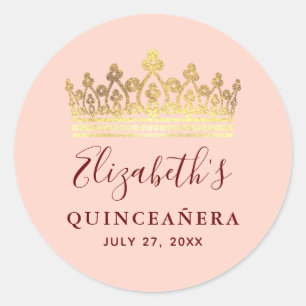 Sticker Rond Couronne Rose Gold Élégante Nom Quinceanera