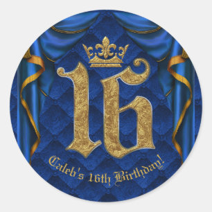 Sticker Rond Couronne Royale Bleu et Or 16 Fête d'anniversaire