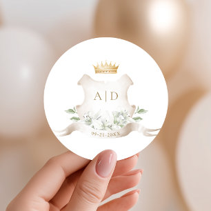 Sticker Rond Couronne Royale de Mariage Monogramme Crête Dorée