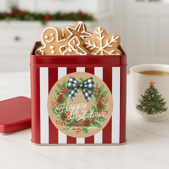 Sticker Rond Couronne rustique de houx avec nœud à carreaux bla (Créateur téléchargé)