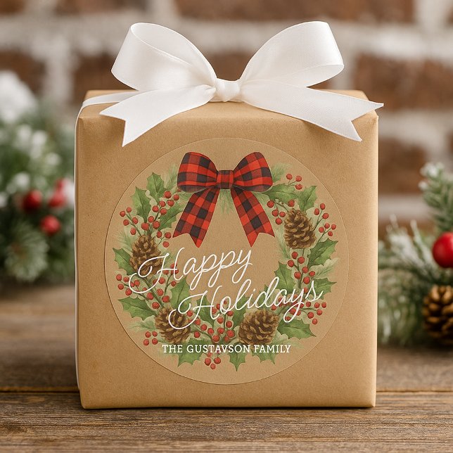 Sticker Rond Couronne rustique de houx avec nœud à carreaux rou (Créateur téléchargé)