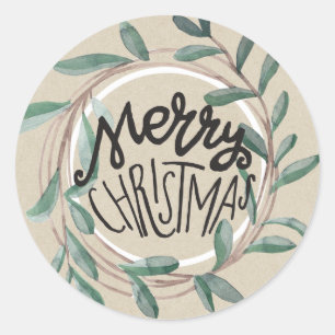 Sticker Rond Couronne rustique de Noël en kraft avec feuilles b