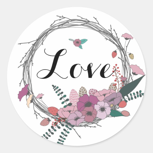 Sticker Rond Couronne Rustique Florale, Amour (Devant)
