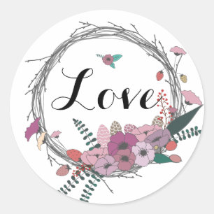 Sticker Rond Couronne Rustique Florale, Amour
