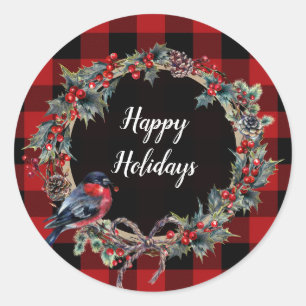 Sticker Rond Couronne rustique Noël Fêtes Rouge carreau de bœuf