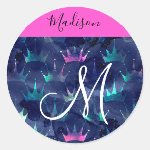 Sticker Rond Couronnes de sirène en strass rose vif monogramme