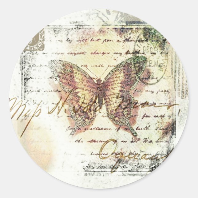 Sticker Rond Courrier papillon vintage (Devant)