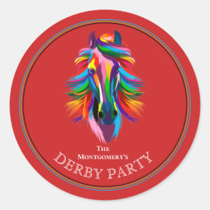 Sticker Rond Course de chevaux Derby Colorée Fête Rouge