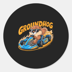 Sticker Rond Course de kart Funny Groundhog Jour de la marmotte