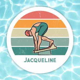Sticker Rond Course de natation rétro personnalisée fille avec
