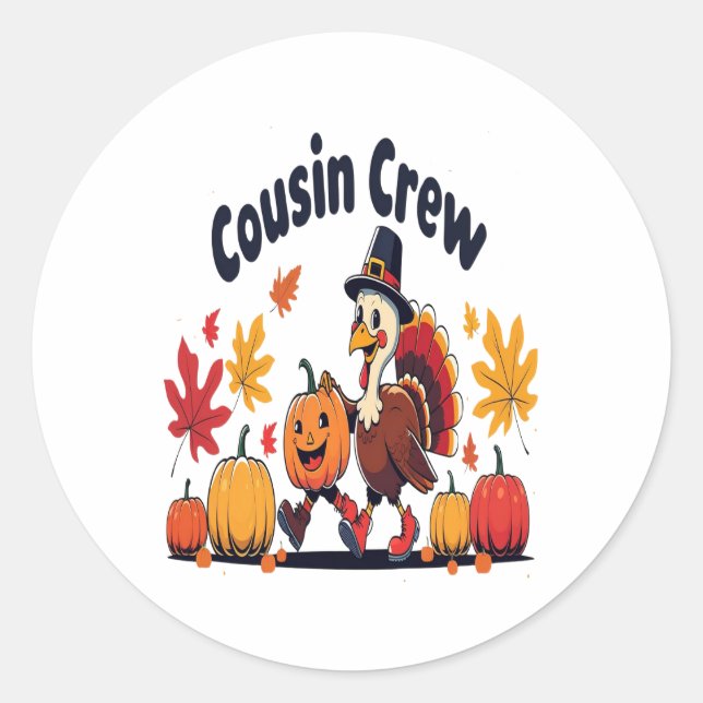 Sticker Rond Cousin Crew Thanksgiving Citrouille (Devant)