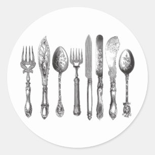 Sticker Rond Couteaux vintages Couteau blanc noir fourche coute