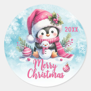 Sticker Rond Coutume rose Année mignonne Pingouin Joyeux Noël