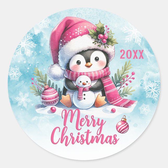Sticker Rond Coutume rose Année mignonne Pingouin Joyeux Noël (Devant)