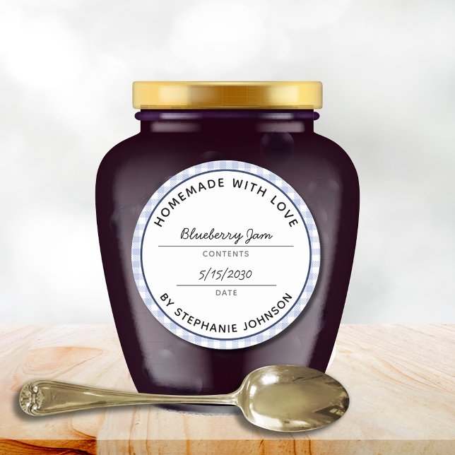 Sticker Rond Couvercle de pot à motif carreaux bleus pour mise  (Home Canning Product Name Date Blue Check Jar Label Classic Round Sticker)
