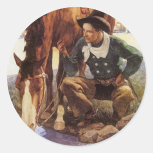 Sticker Rond Cow-boy arrosant son cheval par NC Wyeth, Art vint