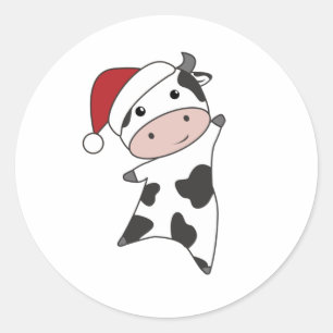 Sticker Rond Cow Cheerful Christmas Winter Animals