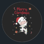 Sticker Rond Cow Cheerful Christmas Winter Animals Cows<br><div class="desc">The cow at Christmas with fairy lights. Funny animals with gifts and snow for the holidays. Also funny for Christmas in July. Cows are cute animals and perfect for Christmas.</div>