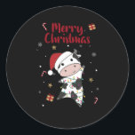 Sticker Rond Cow Cheerful Christmas Winter Animals Cows<br><div class="desc">The cow at Christmas with fairy lights. Funny animals with gifts and snow for the holidays. Also funny for Christmas in July. Cows are cute animals and perfect for Christmas.</div>