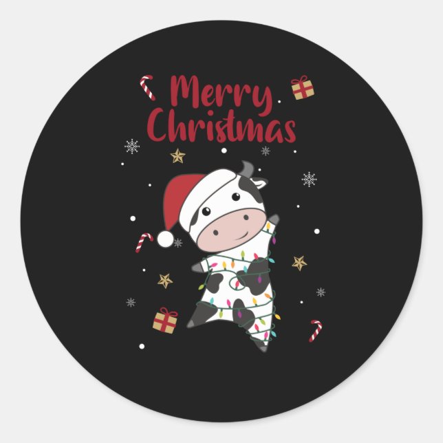 Sticker Rond Cow Cheerful Christmas Winter Animals Cows (Devant)