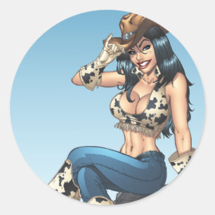 Sticker Rond Cow-girl inclinant son illustration de casquette
