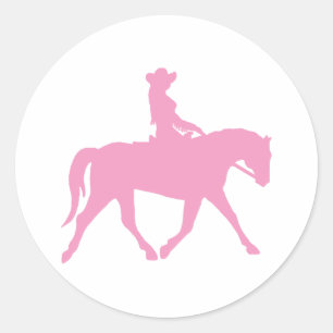 Sticker Rond Cow-girl montant son cheval (rose)