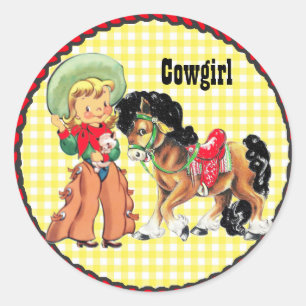 Sticker Rond Cow-girl Western Party avec chevalier