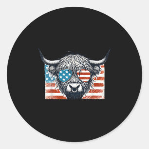 Sticker Rond Cow Lover Usa Drapeau 4 juillet Highland Cow Dairy